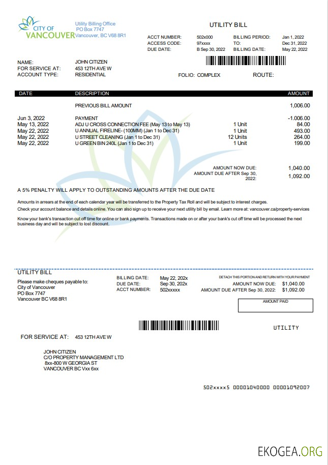 Canada British Columbia City of Vancouver utility bill template in Word and PDF format